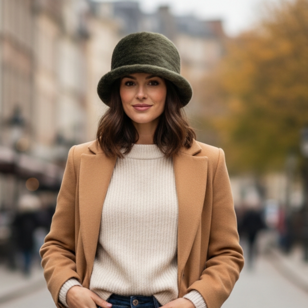 Classic Wool Bucket Hat in Olive - Women Accessories